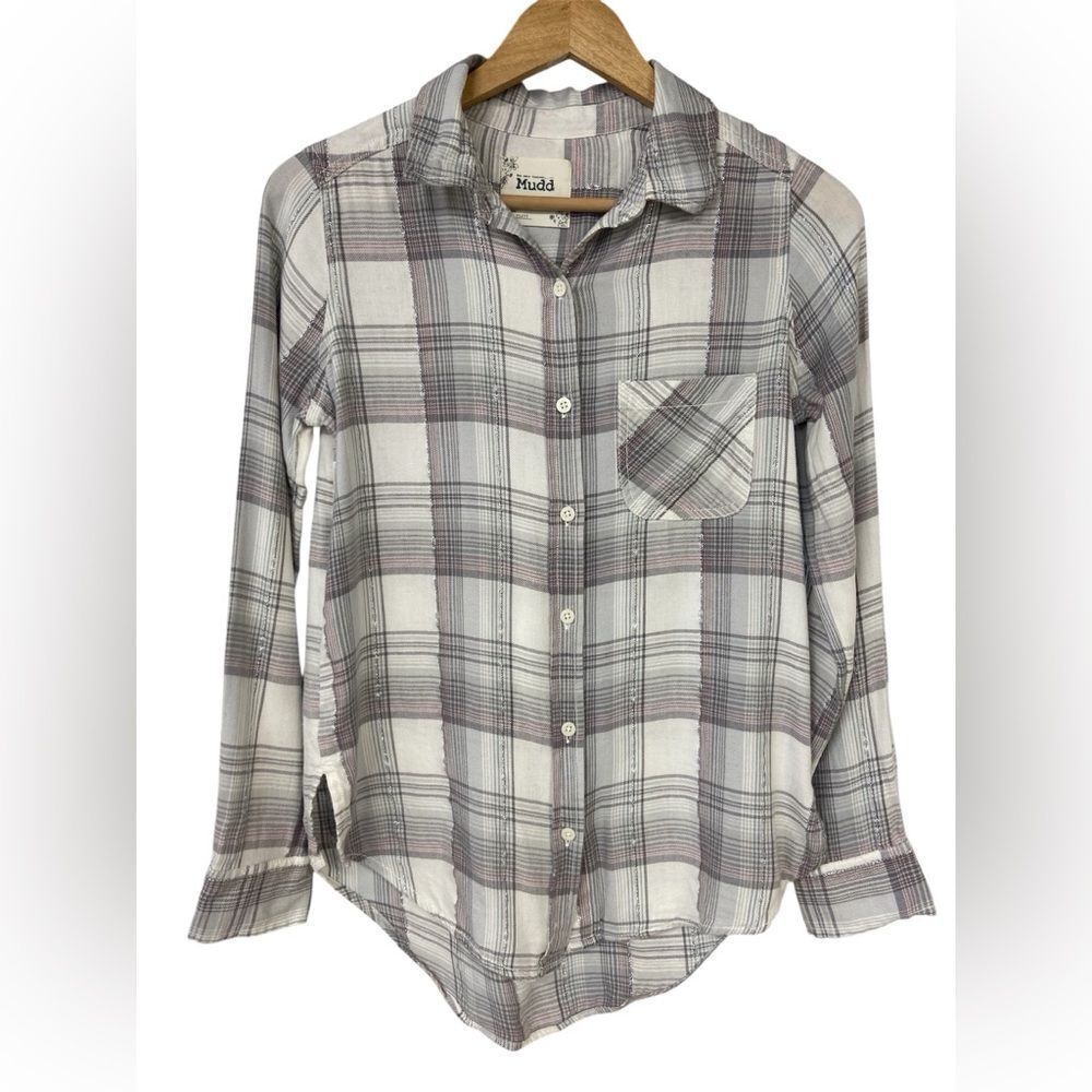 MUDD Y2K White Grey Pink Silver Plaid Cotton Button Front Flannel Shirt Small